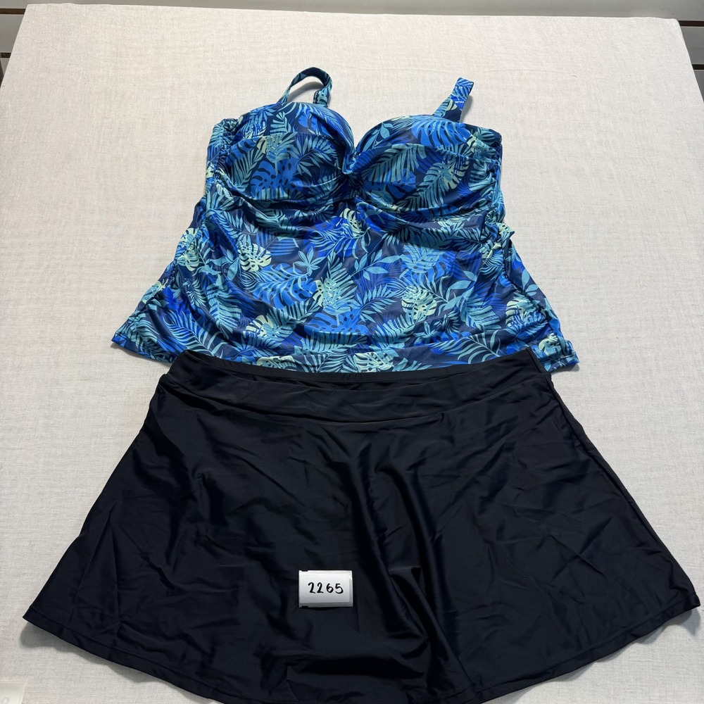 Talisea Tankini Tropical Palm Swimsuit Set Women Sz 24W Blue New With Tags